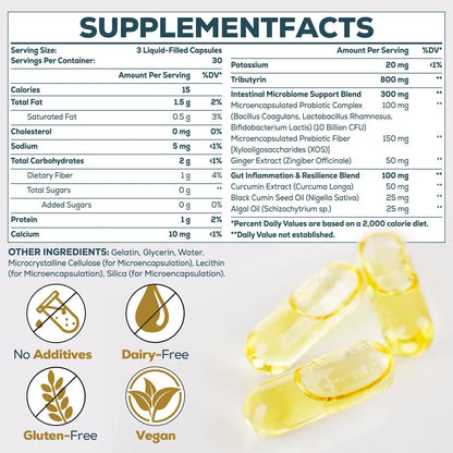 Tributyrin Supplement for Gut & Immune 800mg | High Bioavailability with Microencapsulated Probiotics & Prebiotics - Advanced Liquid-Filled Tributyrin Complex, Gluten Free, 90 Capsules - Maple Wellness Supplements