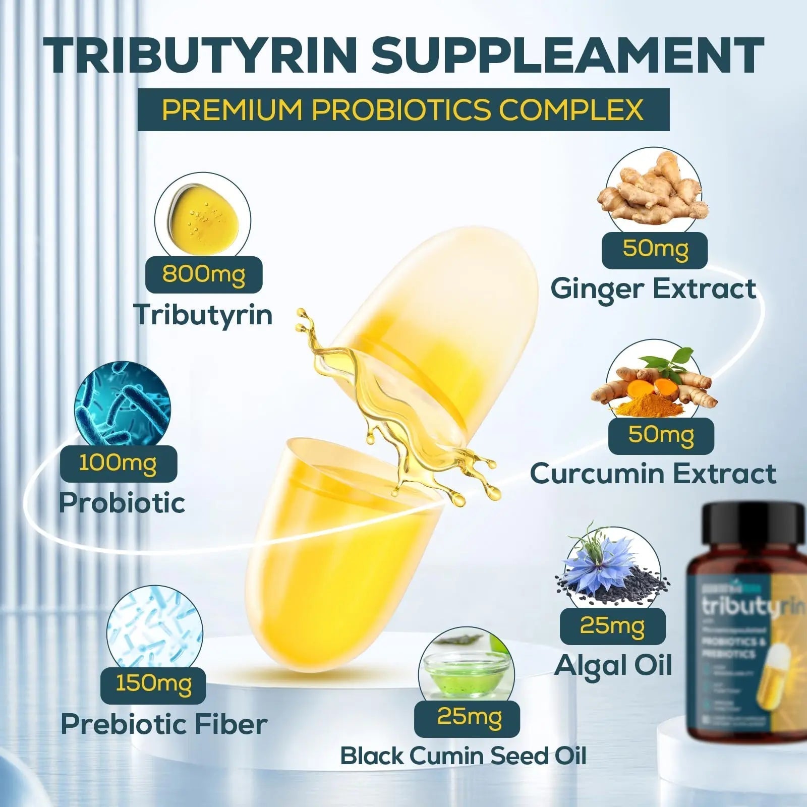 Tributyrin Supplement for Gut & Immune 800mg | High Bioavailability with Microencapsulated Probiotics & Prebiotics - Advanced Liquid-Filled Tributyrin Complex, Gluten Free, 90 Capsules - Maple Wellness Supplements