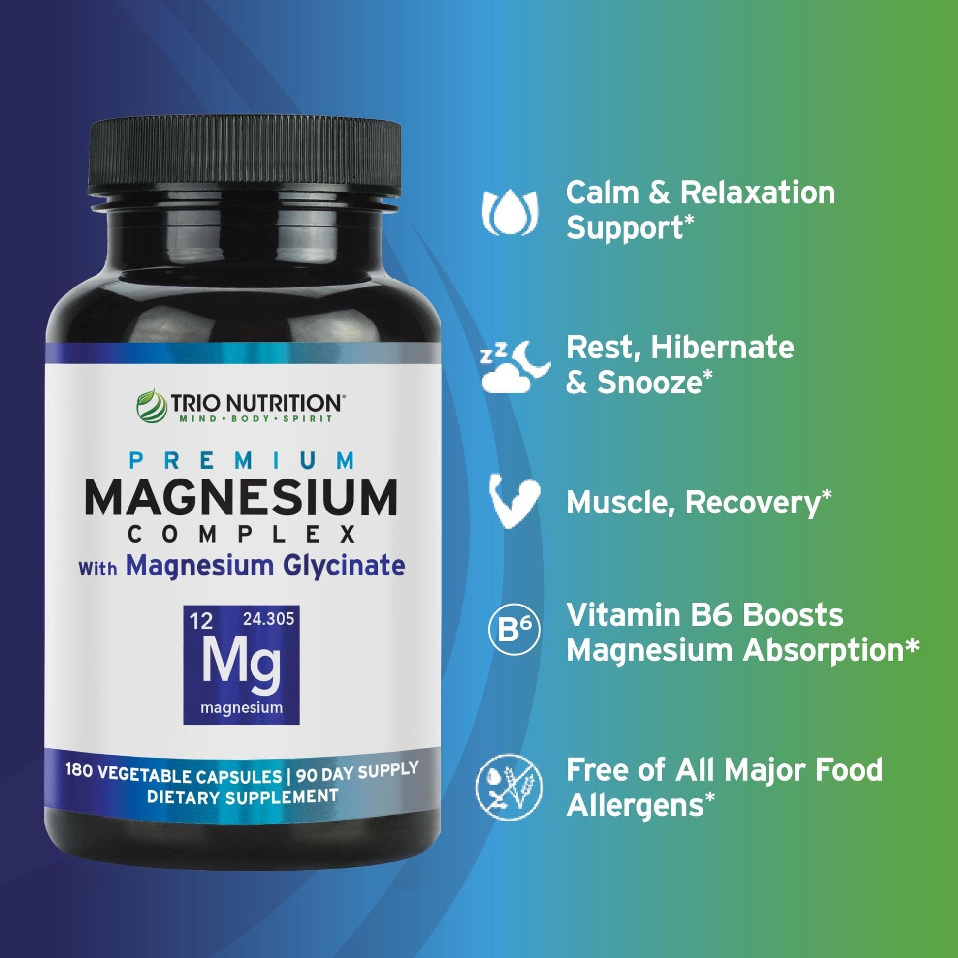 Trio Nutrition Magnesium Complex 90 Day Supply 420 mg | Natural Calm, Relax, Stress Relief, and Muscle Recovery |Magnesium Glycinate Supplement with Vitamin B6 for Rapid Absorption* - Maple Wellness Supplements