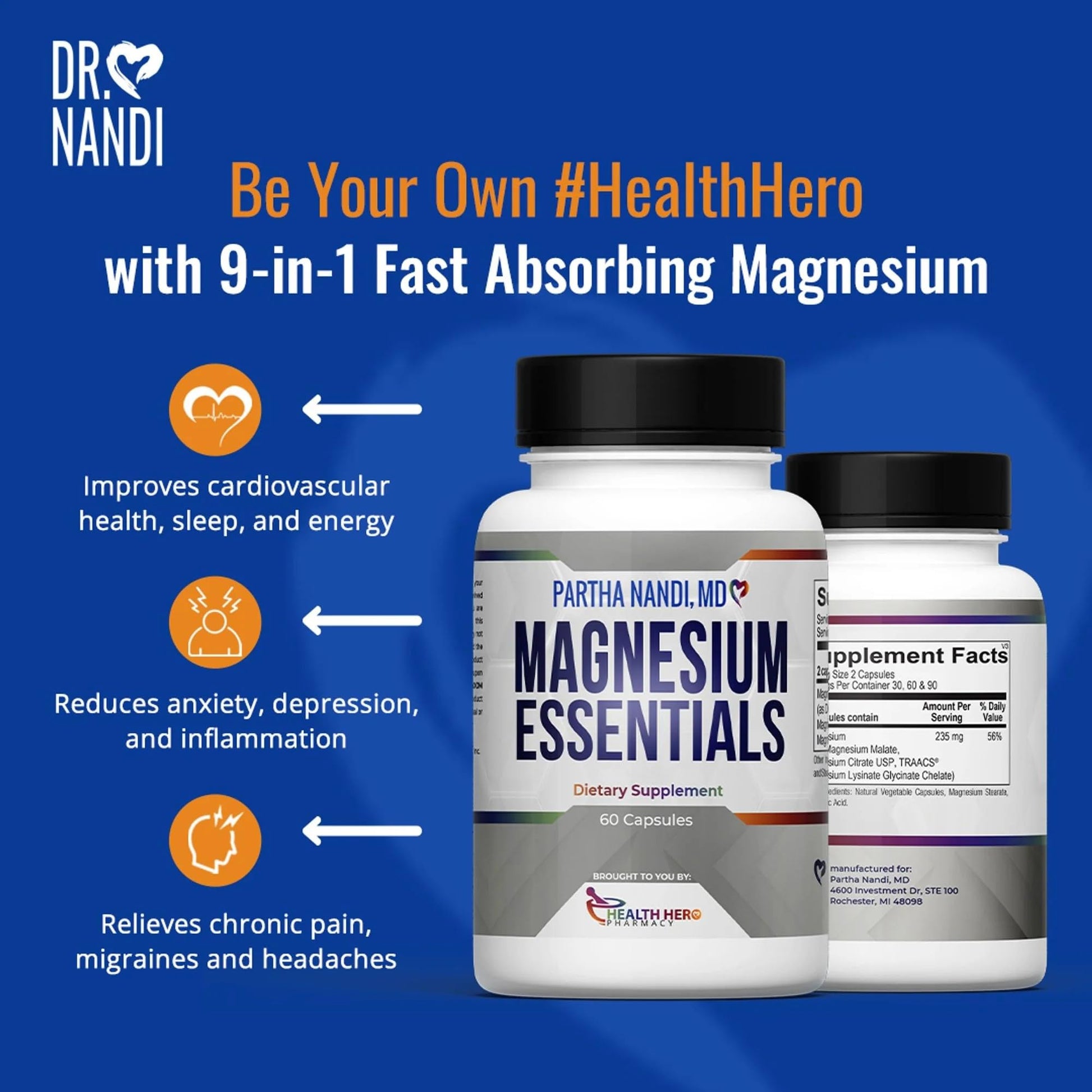 Triple Magnesium Citrate, Malate & Glycinate Complex Supplement – Supports Sleep, Stress, Muscle, Nerve & Heart Health – Advanced High-Absorption Formula – 235mg – 60 Capsules - Maple Wellness Supplements