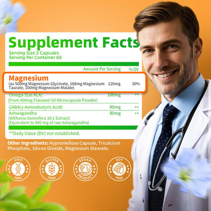 Triple Magnesium Complex - Magnesium Glycinate, Taurate & Malate Supplement with Omega3, Ashwagandha, GABA for Sleep, Brain Heart & Muscle Support - High Absorption and Gentle, Vegan, 120 Capsules - Maple Wellness Supplements