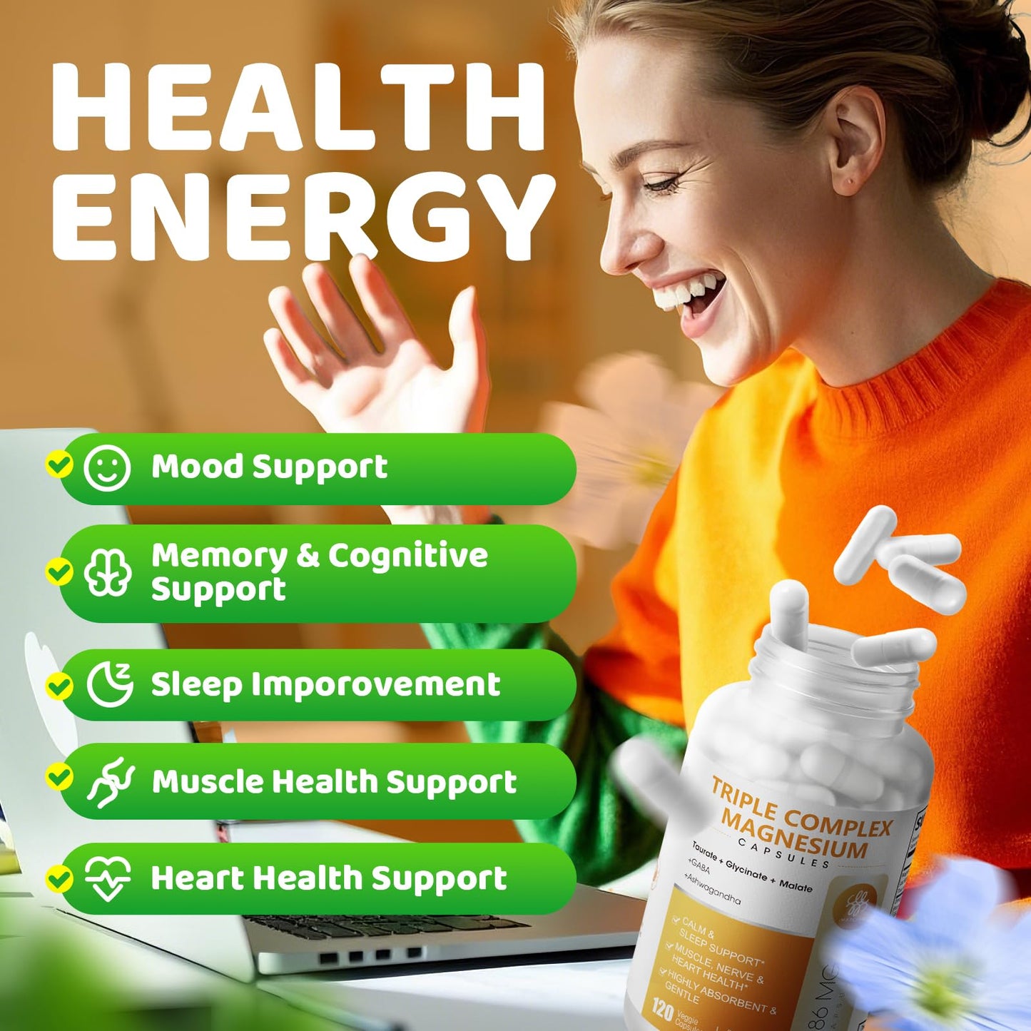 Triple Magnesium Complex - Magnesium Glycinate, Taurate & Malate Supplement with Omega3, Ashwagandha, GABA for Sleep, Brain Heart & Muscle Support - High Absorption and Gentle, Vegan, 120 Capsules - Maple Wellness Supplements