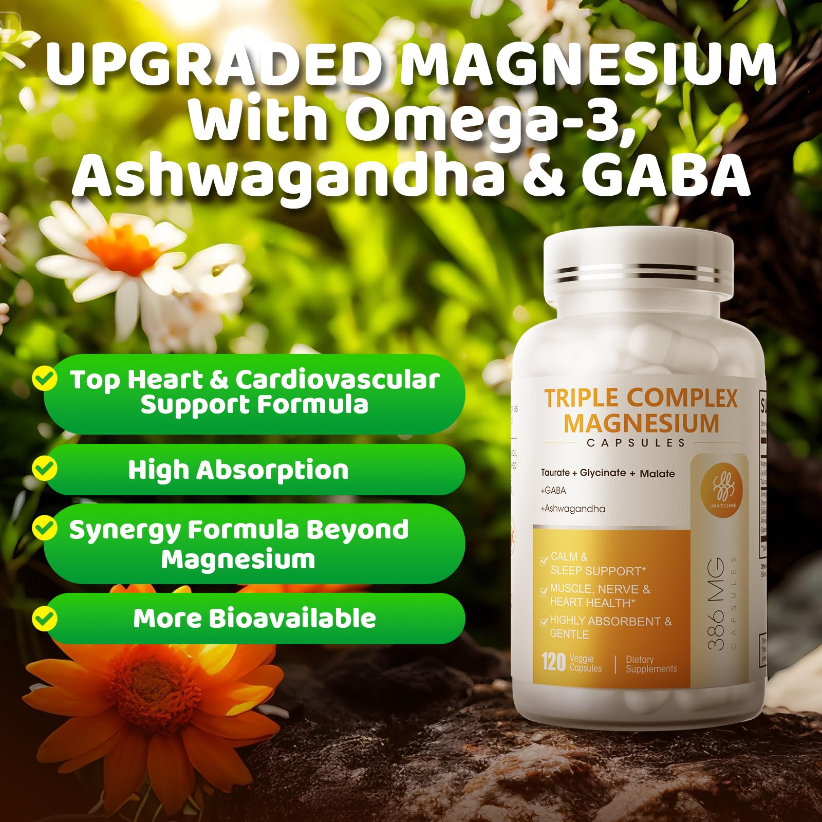 Triple Magnesium Complex - Magnesium Glycinate, Taurate & Malate Supplement with Omega3, Ashwagandha, GABA for Sleep, Brain Heart & Muscle Support - High Absorption and Gentle, Vegan, 120 Capsules - Maple Wellness Supplements