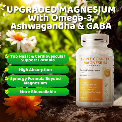 Triple Magnesium Complex - Magnesium Glycinate, Taurate & Malate Supplement with Omega3, Ashwagandha, GABA for Sleep, Brain Heart & Muscle Support - High Absorption and Gentle, Vegan, 120 Capsules - Maple Wellness Supplements