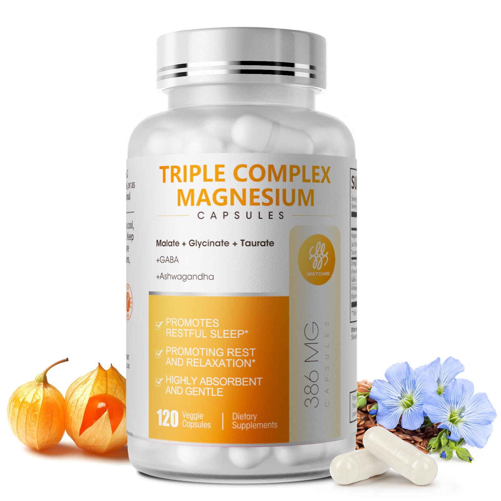 Triple Magnesium Complex - Magnesium Glycinate, Taurate & Malate Supplement with Omega3, Ashwagandha, GABA for Sleep, Brain Heart & Muscle Support - High Absorption and Gentle, Vegan, 120 Capsules - Maple Wellness Supplements
