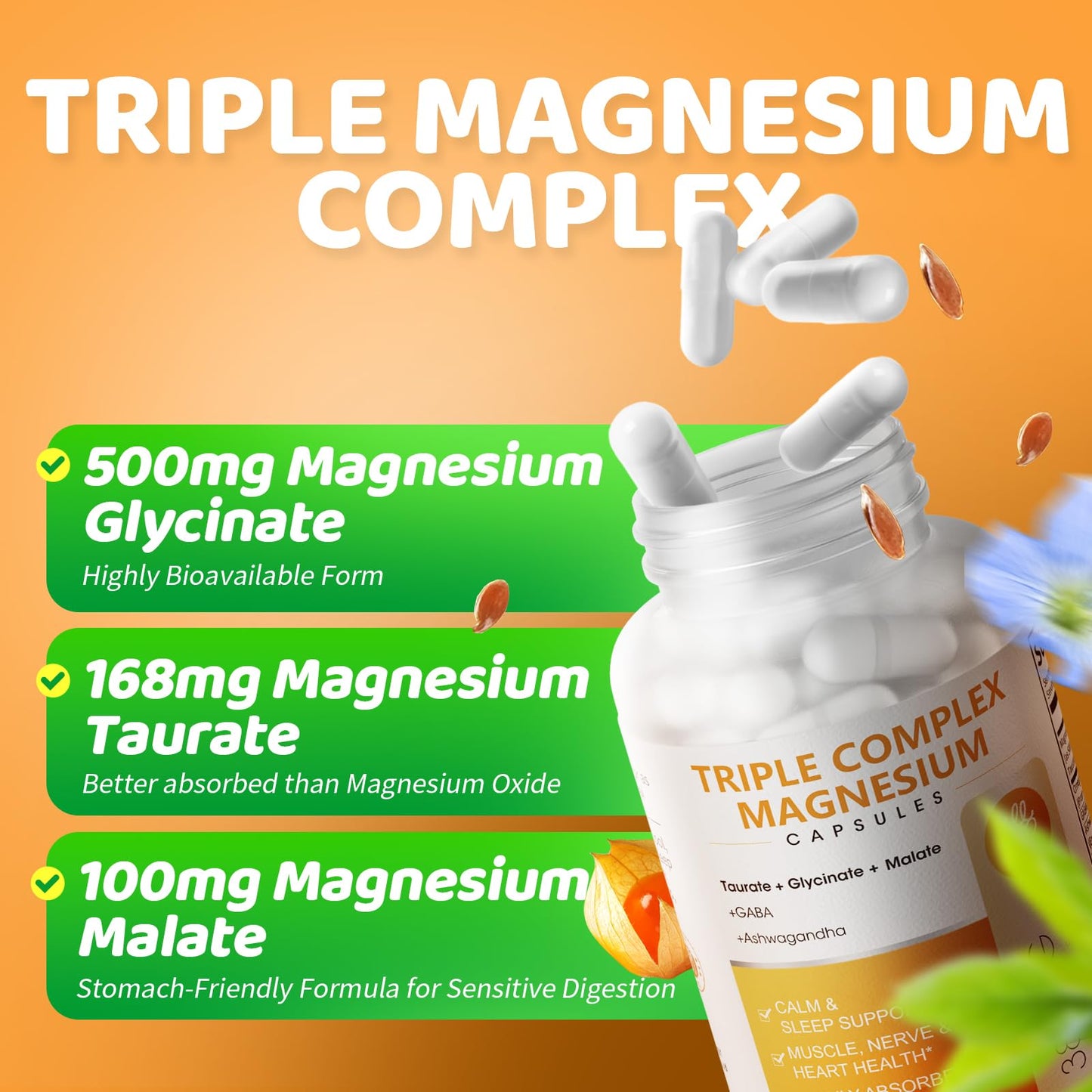 Triple Magnesium Complex - Magnesium Glycinate, Taurate & Malate Supplement with Omega3, Ashwagandha, GABA for Sleep, Brain Heart & Muscle Support - High Absorption and Gentle, Vegan, 120 Capsules - Maple Wellness Supplements