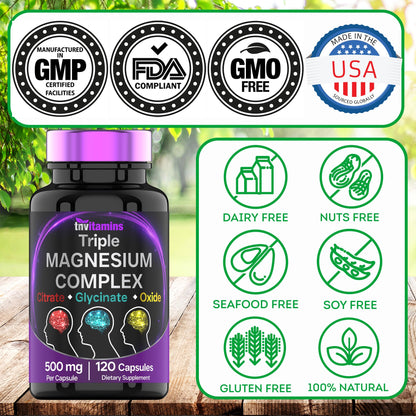 Triple Magnesium Complex Supplement 500mg: Magnesium Glycinate, Citrate, & Oxide - 120 Capsules (4 Month Supply!) | 1 Capsule Serving Provides 125% Daily Value | Non-GMO, Made in The USA! - Maple Wellness Supplements