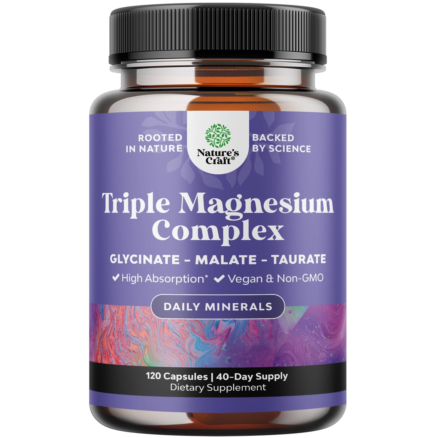 Triple Magnesium Complex Supplement - High Absorption Magnesium Glycinate, Malate & Taurate Blend for Muscles, Energy Support & Heart Health - Triple Mg Complex 400 mg Capsules - 120 Count - Maple Wellness Supplements