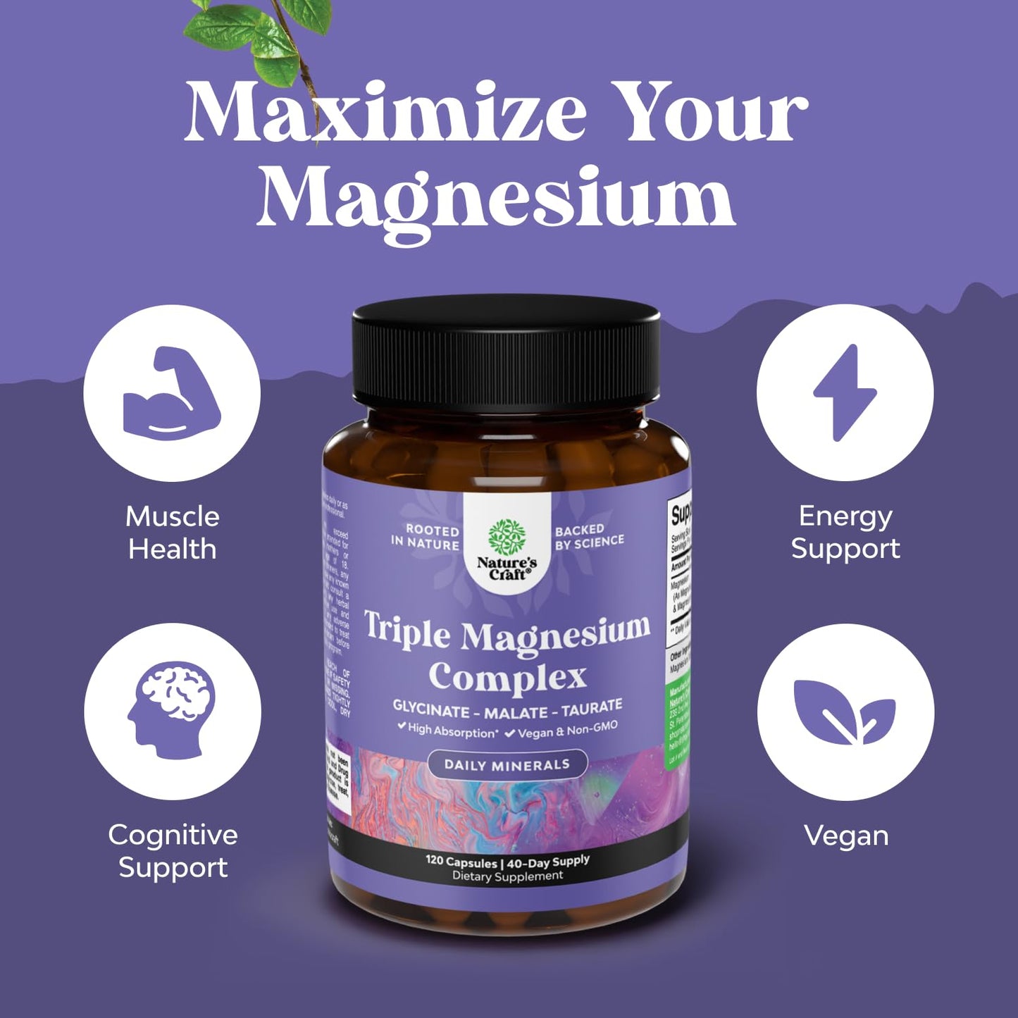 Triple Magnesium Complex Supplement - High Absorption Magnesium Glycinate, Malate & Taurate Blend for Muscles, Energy Support & Heart Health - Triple Mg Complex 400 mg Capsules - 120 Count - Maple Wellness Supplements