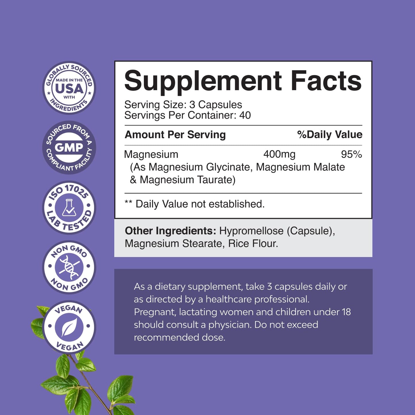Triple Magnesium Complex Supplement - High Absorption Magnesium Glycinate, Malate & Taurate Blend for Muscles, Energy Support & Heart Health - Triple Mg Complex 400 mg Capsules - 120 Count - Maple Wellness Supplements