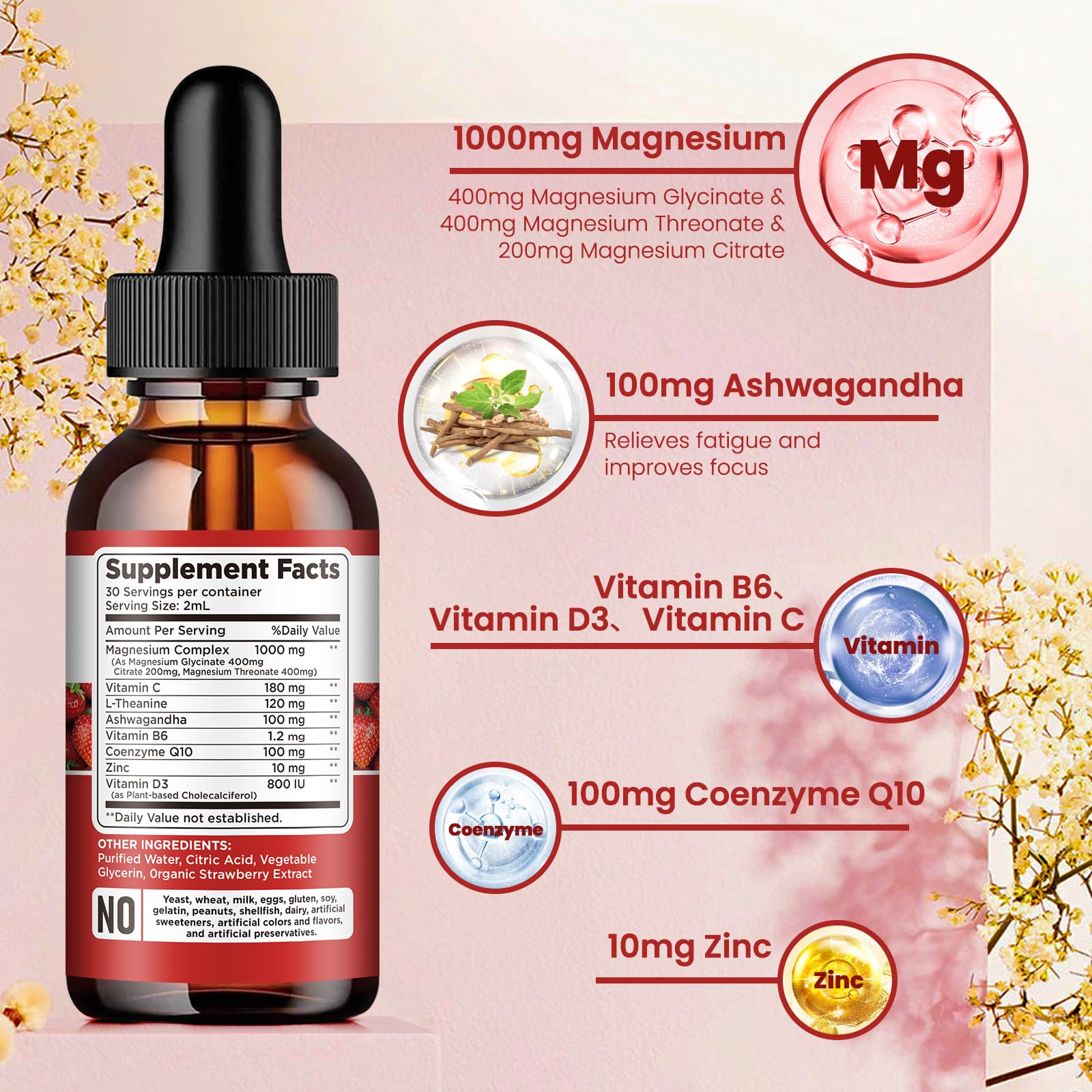 Triple Magnesium Complex Supplement, Magnesium Glycinate, Blend, Citrate Liquid Drops 1000mg with Ashwagandha, CoQ10, Vitamin B6, C, D, Zinc -Support Calm Stress Relief, Bone, Muscle, Mood Vegan - Maple Wellness Supplements
