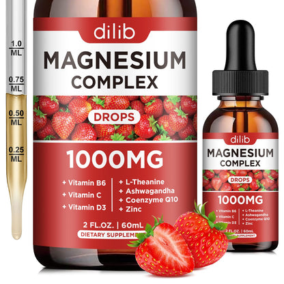 Triple Magnesium Complex Supplement, Magnesium Glycinate, Blend, Citrate Liquid Drops 1000mg with Ashwagandha, CoQ10, Vitamin B6, C, D, Zinc -Support Calm Stress Relief, Bone, Muscle, Mood Vegan - Maple Wellness Supplements