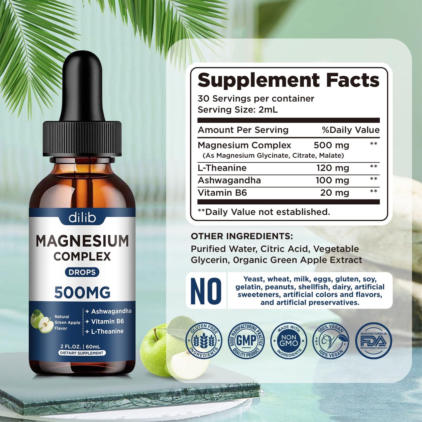 Triple Magnesium Complex Supplement-Magnesium Glycinate, Citrate, Malate Liquid Drops 500mg with Ashwagandha, L-Theanine, B6 for Calm, Stress Relief, Sleep, Muscle Support-Green Apple Flavor - Maple Wellness Supplements
