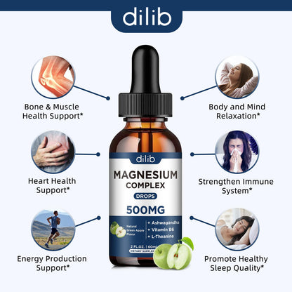 Triple Magnesium Complex Supplement-Magnesium Glycinate, Citrate, Malate Liquid Drops 500mg with Ashwagandha, L-Theanine, B6 for Calm, Stress Relief, Sleep, Muscle Support-Green Apple Flavor - Maple Wellness Supplements