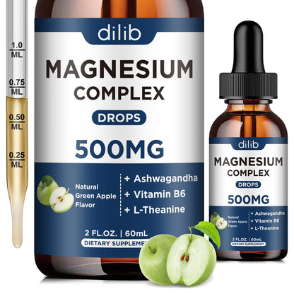 Triple Magnesium Complex Supplement-Magnesium Glycinate, Citrate, Malate Liquid Drops 500mg with Ashwagandha, L-Theanine, B6 for Calm, Stress Relief, Sleep, Muscle Support-Green Apple Flavor - Maple Wellness Supplements
