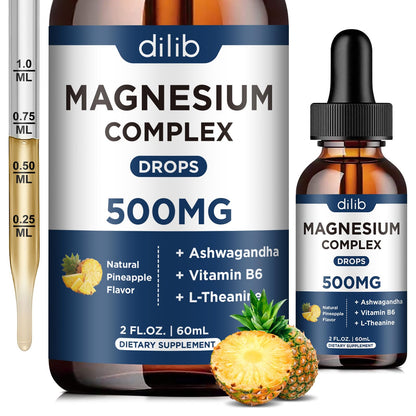 Triple Magnesium Complex Supplement-Magnesium Glycinate, Citrate, Malate Liquid Drops 500mg with Ashwagandha, L-Theanine, Vitamin B6 for Calm, Stress Relief, Sleep, Muscle Support-Pineapple Flavor - Maple Wellness Supplements