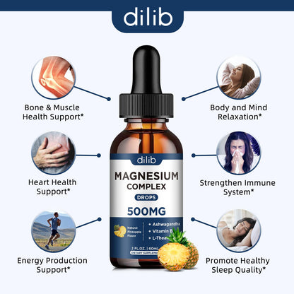 Triple Magnesium Complex Supplement-Magnesium Glycinate, Citrate, Malate Liquid Drops 500mg with Ashwagandha, L-Theanine, Vitamin B6 for Calm, Stress Relief, Sleep, Muscle Support-Pineapple Flavor - Maple Wellness Supplements