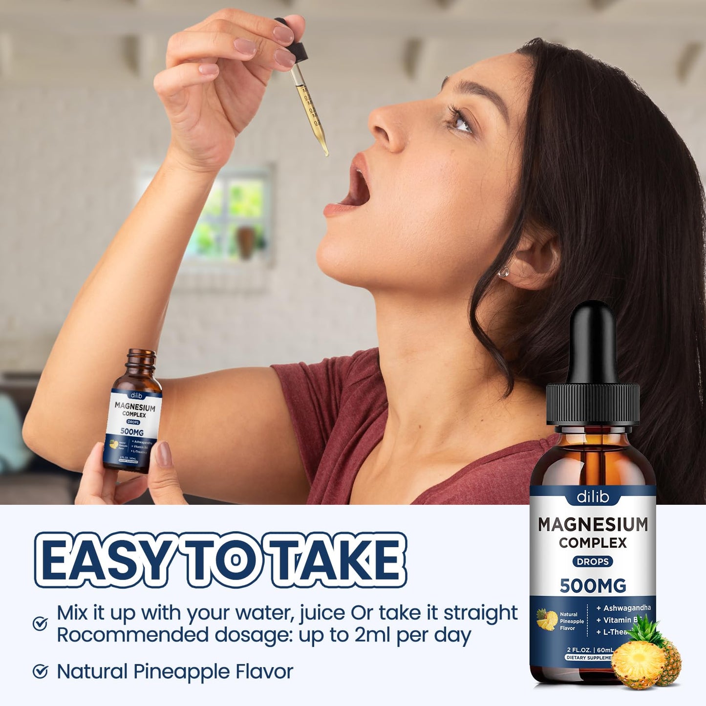 Triple Magnesium Complex Supplement-Magnesium Glycinate, Citrate, Malate Liquid Drops 500mg with Ashwagandha, L-Theanine, Vitamin B6 for Calm, Stress Relief, Sleep, Muscle Support-Pineapple Flavor - Maple Wellness Supplements