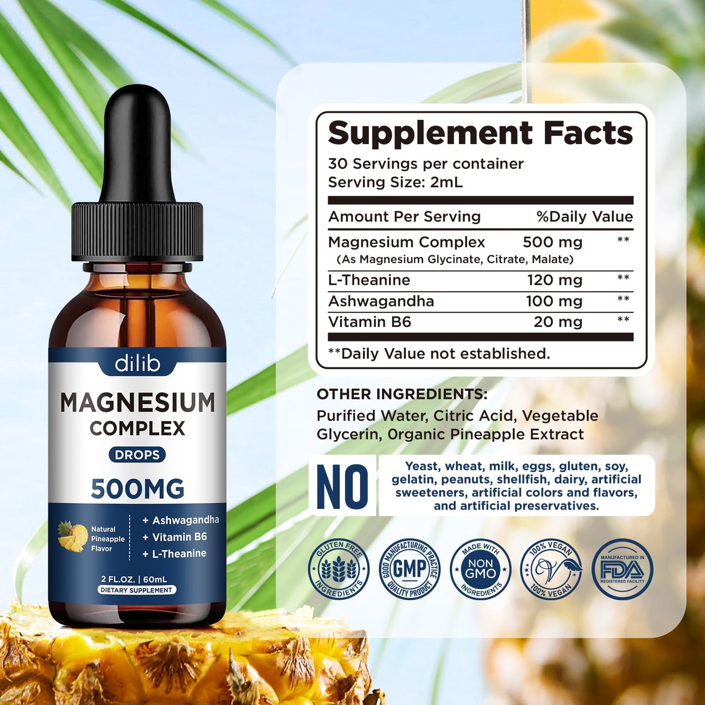 Triple Magnesium Complex Supplement-Magnesium Glycinate, Citrate, Malate Liquid Drops 500mg with Ashwagandha, L-Theanine, Vitamin B6 for Calm, Stress Relief, Sleep, Muscle Support-Pineapple Flavor - Maple Wellness Supplements