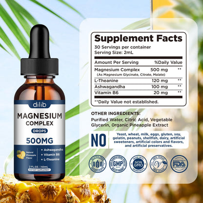 Triple Magnesium Complex Supplement-Magnesium Glycinate, Citrate, Malate Liquid Drops 500mg with Ashwagandha, L-Theanine, Vitamin B6 for Calm, Stress Relief, Sleep, Muscle Support-Pineapple Flavor - Maple Wellness Supplements
