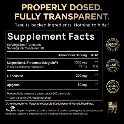 Triple Sleep Magnesium L-Threonate w. Apigenin, Theanine & Magtein Magnesium L Threonate - High Absorption Magnesium Supplement Capsules for Men and Women Magnesium Powder Pills - Maple Wellness Supplements