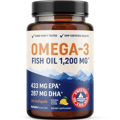 Triple Strength Omega 3 Fish Oil 1200 mg | EPA & DHA | Wild Caught, Sustainably Sourced Omega-3 Fatty Acids | Premium Burpless Fish Oil Supplements - Maple Wellness Supplements