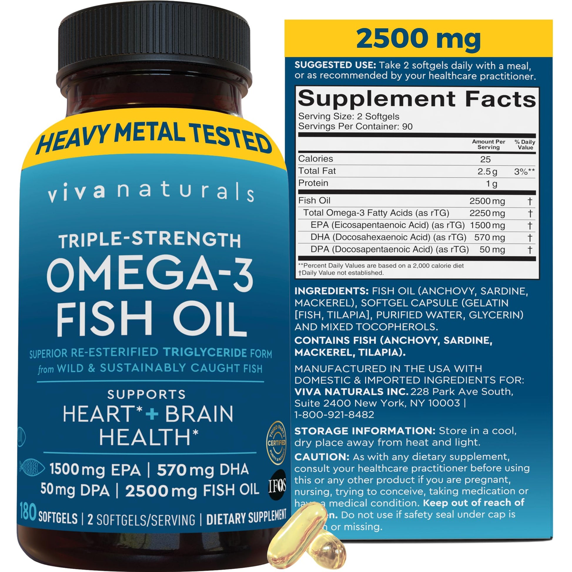 Triple Strength Omega 3 Fish Oil Supplement for Men and Women – 2500 mg High-Potency, Easy-to-Absorb Re-esterified Triglyceride Form, Pescatarian-Friendly DPA EPA DHA Omega 3 Supplement, 180 Softgels - Maple Wellness Supplements
