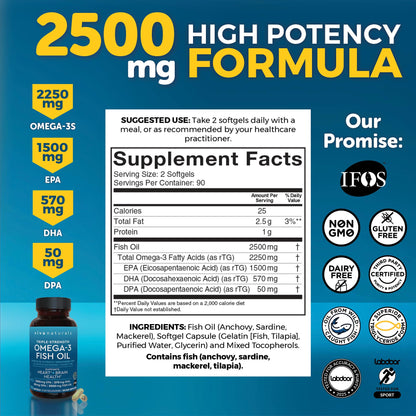 Triple Strength Omega 3 Fish Oil Supplement for Men and Women – 2500 mg High-Potency, Easy-to-Absorb Re-esterified Triglyceride Form, Pescatarian-Friendly DPA EPA DHA Omega 3 Supplement, 180 Softgels - Maple Wellness Supplements