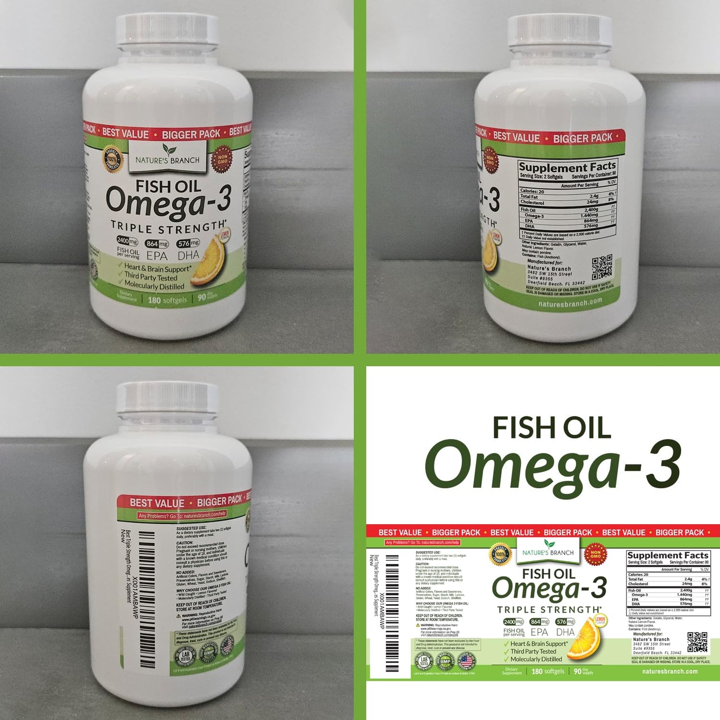 Triple Strength Omega 3 Fish Oil Supplements 2400mg | 180 Capsules, Burpless High Potency Lemon Flavor, High EPA DHA for Men & Women Ultra Pure Softgels - Maple Wellness Supplements