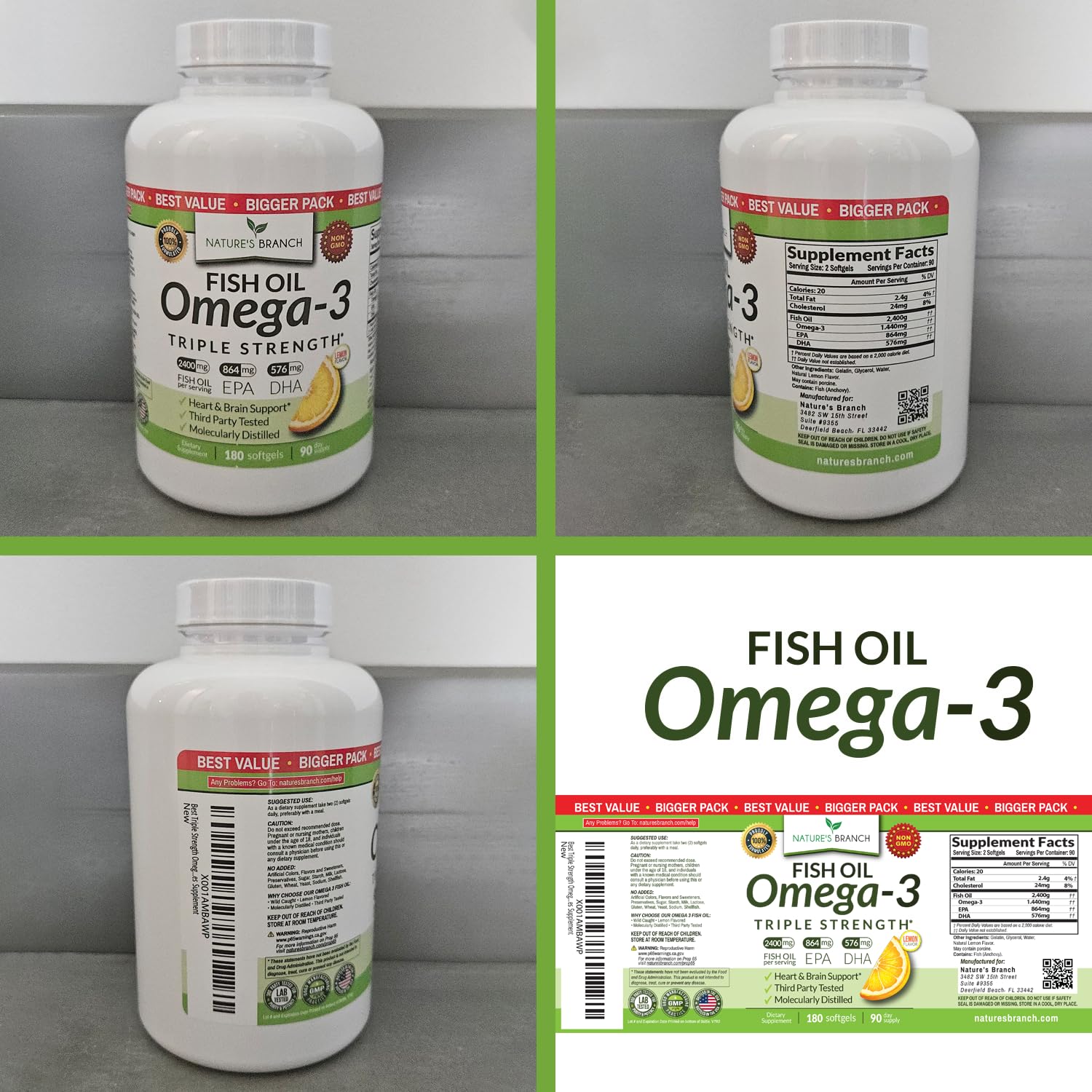 Triple Strength Omega 3 Fish Oil Supplements 2400mg | 180 Capsules, Burpless High Potency Lemon Flavor, High EPA DHA for Men & Women Ultra Pure Softgels - Maple Wellness Supplements