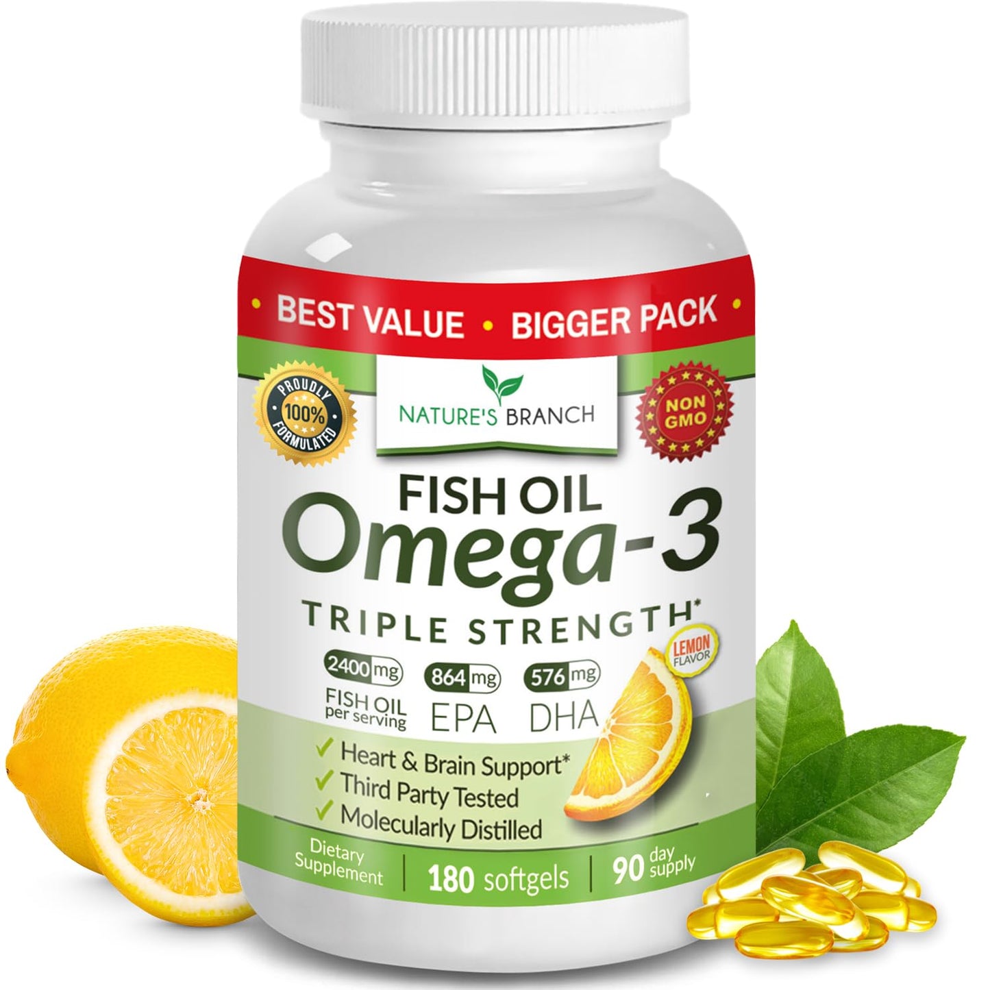 Triple Strength Omega 3 Fish Oil Supplements 2400mg | 180 Capsules, Burpless High Potency Lemon Flavor, High EPA DHA for Men & Women Ultra Pure Softgels - Maple Wellness Supplements