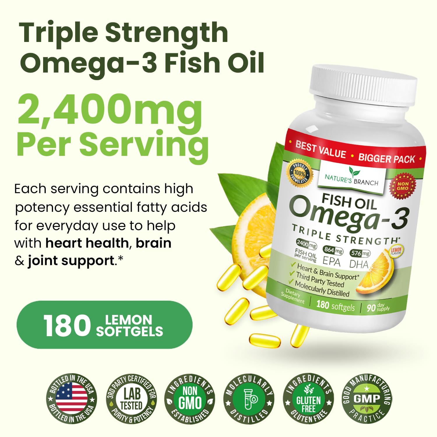 Triple Strength Omega 3 Fish Oil Supplements 2400mg | 180 Capsules, Burpless High Potency Lemon Flavor, High EPA DHA for Men & Women Ultra Pure Softgels - Maple Wellness Supplements