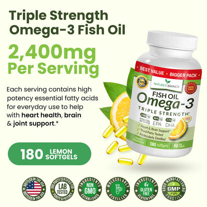 Triple Strength Omega 3 Fish Oil Supplements 2400mg | 180 Capsules, Burpless High Potency Lemon Flavor, High EPA DHA for Men & Women Ultra Pure Softgels - Maple Wellness Supplements