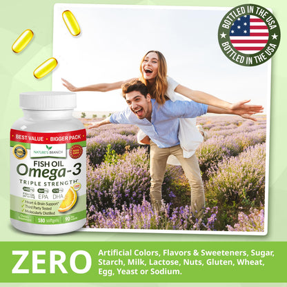 Triple Strength Omega 3 Fish Oil Supplements 2400mg | 180 Capsules, Burpless High Potency Lemon Flavor, High EPA DHA for Men & Women Ultra Pure Softgels - Maple Wellness Supplements