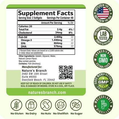 Triple Strength Omega 3 Fish Oil Supplements 2400mg | 180 Capsules, Burpless High Potency Lemon Flavor, High EPA DHA for Men & Women Ultra Pure Softgels - Maple Wellness Supplements