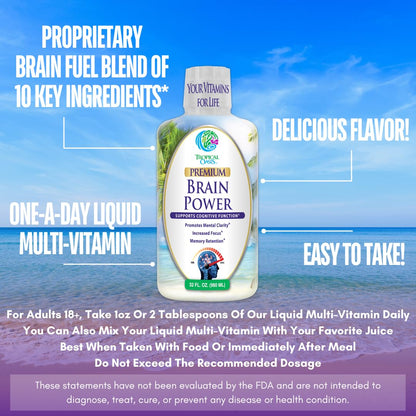 Tropical Oasis - Brain Power | Liquid Nootropic Supplement - Promotes Mental Clarity, Focus, and Memory Retention (Unflavored, 32 Servings) - Maple Wellness Supplements