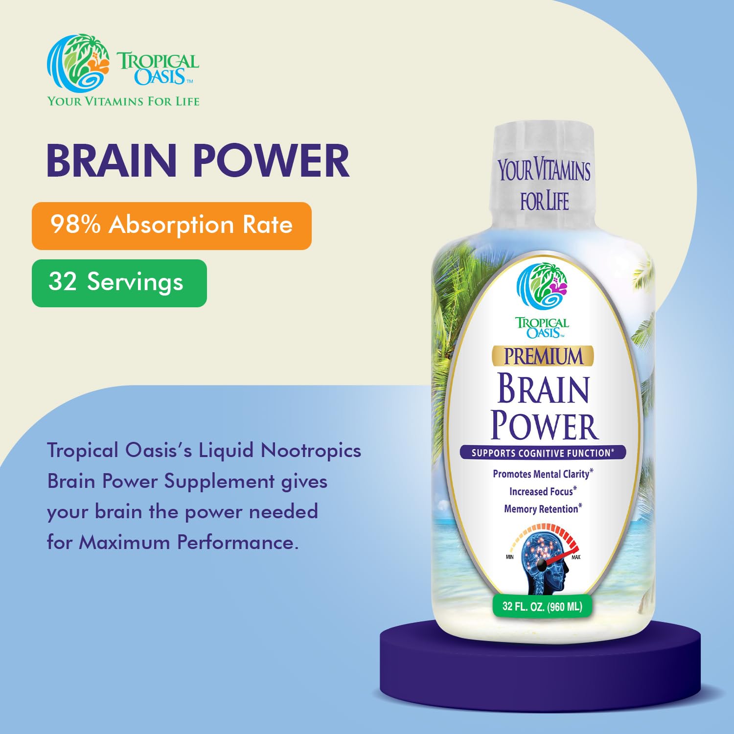 Tropical Oasis - Brain Power | Liquid Nootropic Supplement - Promotes Mental Clarity, Focus, and Memory Retention (Unflavored, 32 Servings) - Maple Wellness Supplements