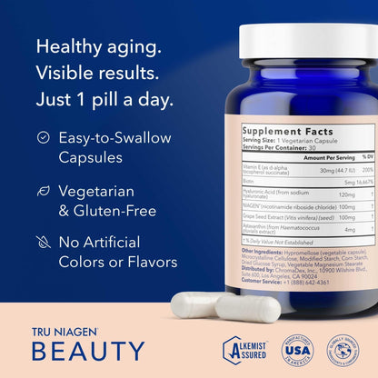 TRU NIAGEN BEAUTY NAD+ for Hair, Skin & Nails | Contains Niagen®, Astaxanthin, Hyaluronic Acid, Biotin | Supports Skin Elasticity & Moisture Retention | Daily Supplements for Men & Women | 30 Servings - Maple Wellness Supplements