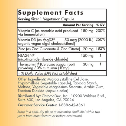 TRU NIAGEN Immune Support Supplement - Daily Defense - Vitamin C from Fermentation, Vegan Vitamin D3 2000 IU, Zinc, Plus Theracurmin (Curcumin) + Multi Award-Winning NAD Boosting Niagen 150mg 30ct - Maple Wellness Supplements