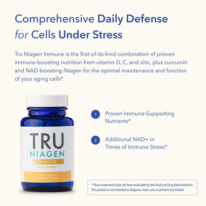 TRU NIAGEN Immune Support Supplement - Daily Defense - Vitamin C from Fermentation, Vegan Vitamin D3 2000 IU, Zinc, Plus Theracurmin (Curcumin) + Multi Award-Winning NAD Boosting Niagen 150mg 30ct - Maple Wellness Supplements