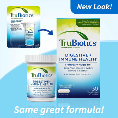 TruBiotics Probiotics for Digestive & Immune Health, Supports Regularity & Helps Relieve Abdominal Discomfort, Gas & Bloating, 2 Clinically Studied Probiotic Strains, Plus Prebiotics, 30 Capsules - Maple Wellness Supplements