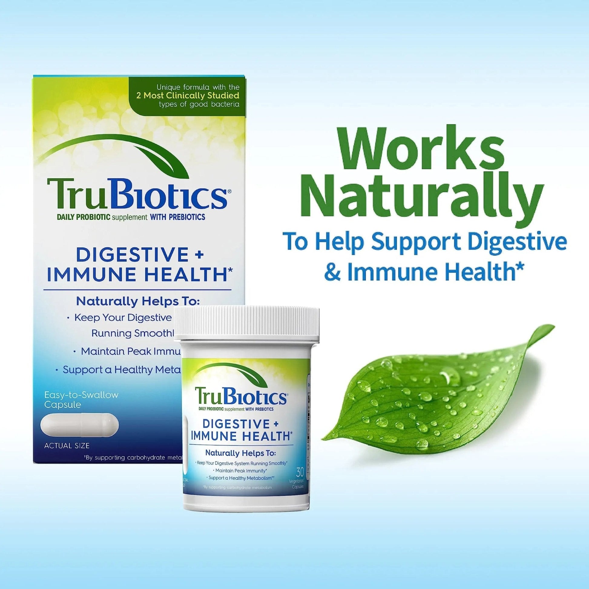 TruBiotics Probiotics for Digestive & Immune Health, Supports Regularity & Helps Relieve Abdominal Discomfort, Gas & Bloating, 2 Clinically Studied Probiotic Strains, Plus Prebiotics, 30 Capsules - Maple Wellness Supplements