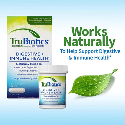 TruBiotics Probiotics for Digestive & Immune Health, Supports Regularity & Helps Relieve Abdominal Discomfort, Gas & Bloating, 2 Clinically Studied Probiotic Strains, Plus Prebiotics, 30 Capsules - Maple Wellness Supplements