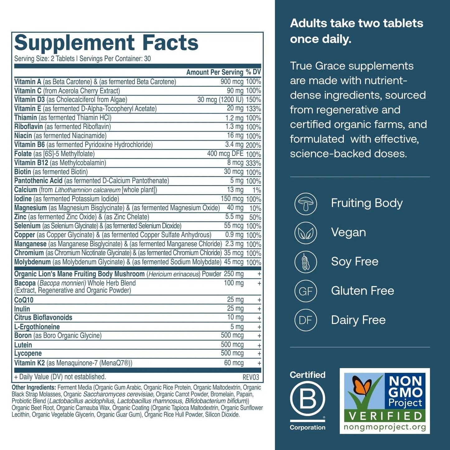 True Grace Daily Men’s Multivitamin 50+ - 60 Easy-to-Swallow Tablets - Immune, Energy, Longevity & Memory Support - Maple Wellness Supplements