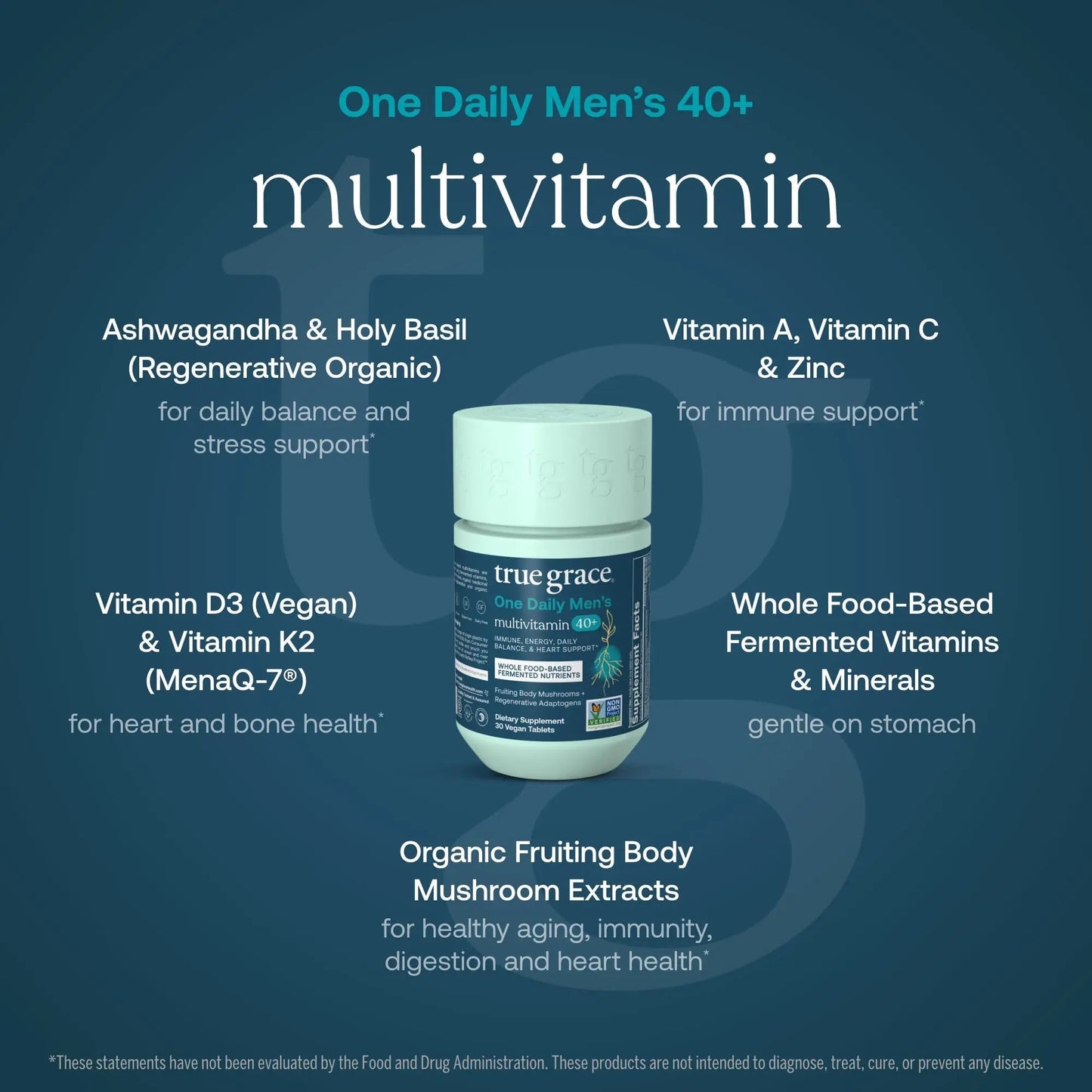 True Grace Men's 40+ One Daily Multivitamin Fermented Minerals, Organic Adaptogens & Mushrooms Whole Body Balance Immune - Maple Wellness Supplements