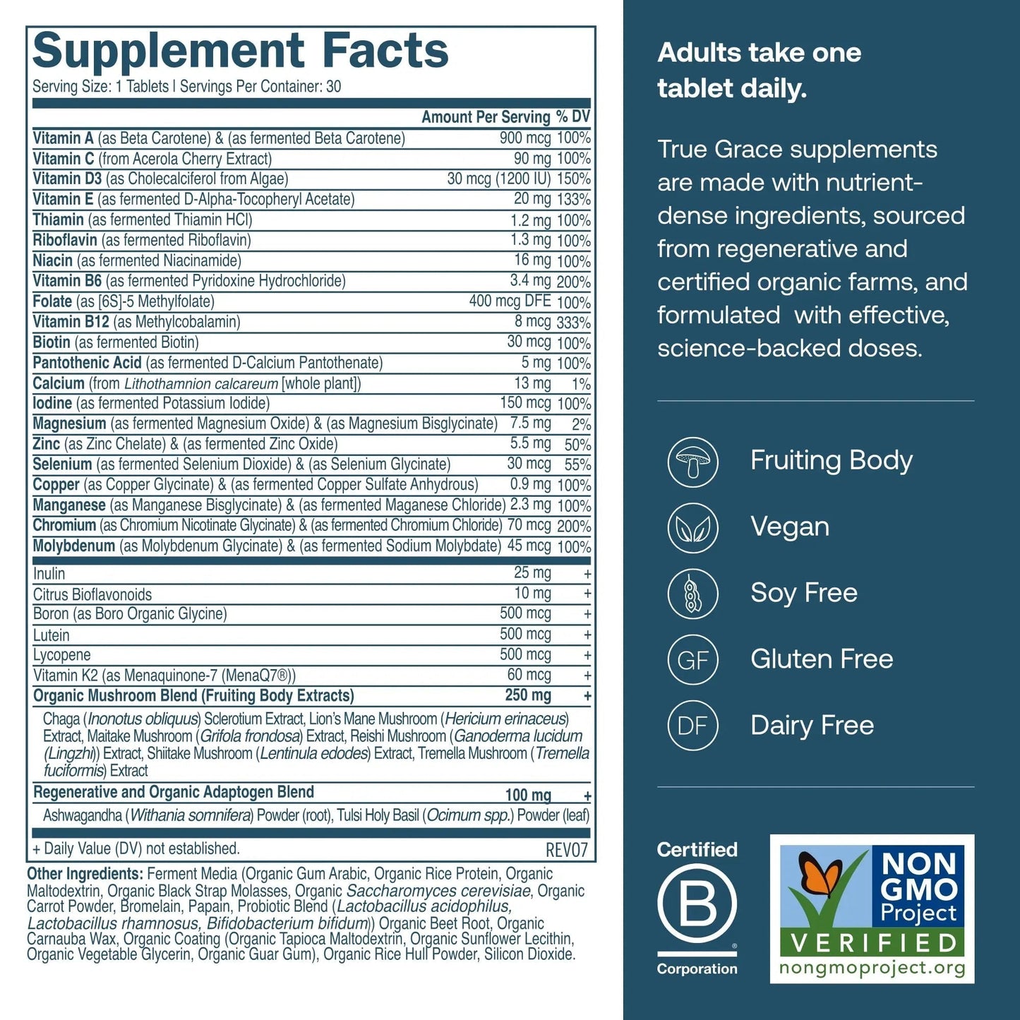 True Grace Men's 40+ One Daily Multivitamin Fermented Minerals, Organic Adaptogens & Mushrooms Whole Body Balance Immune - Maple Wellness Supplements