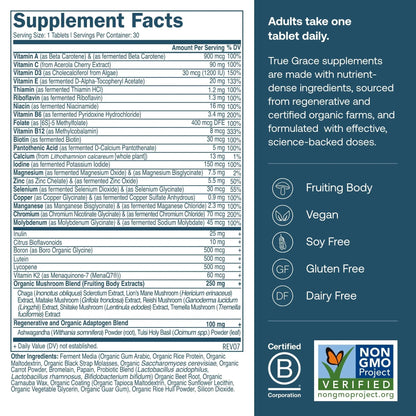 True Grace Men's 40+ One Daily Multivitamin Fermented Minerals, Organic Adaptogens & Mushrooms Whole Body Balance Immune - Maple Wellness Supplements