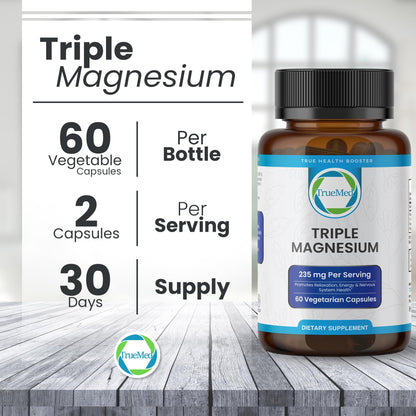 Truemed Triple Magnesium Complex Supplement 235mg with Magnesium Citrate, Malate & Lysinate Chelate | Magnesium Supplement for Sleep, Muscle Relaxation, Energy & Nerve Support | 60 Capsules, USA Made - Maple Wellness Supplements