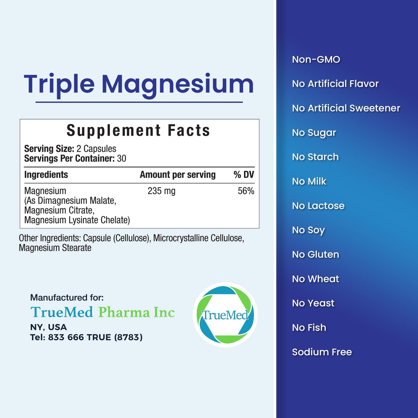 Truemed Triple Magnesium Complex Supplement 235mg with Magnesium Citrate, Malate & Lysinate Chelate | Magnesium Supplement for Sleep, Muscle Relaxation, Energy & Nerve Support | 60 Capsules, USA Made - Maple Wellness Supplements