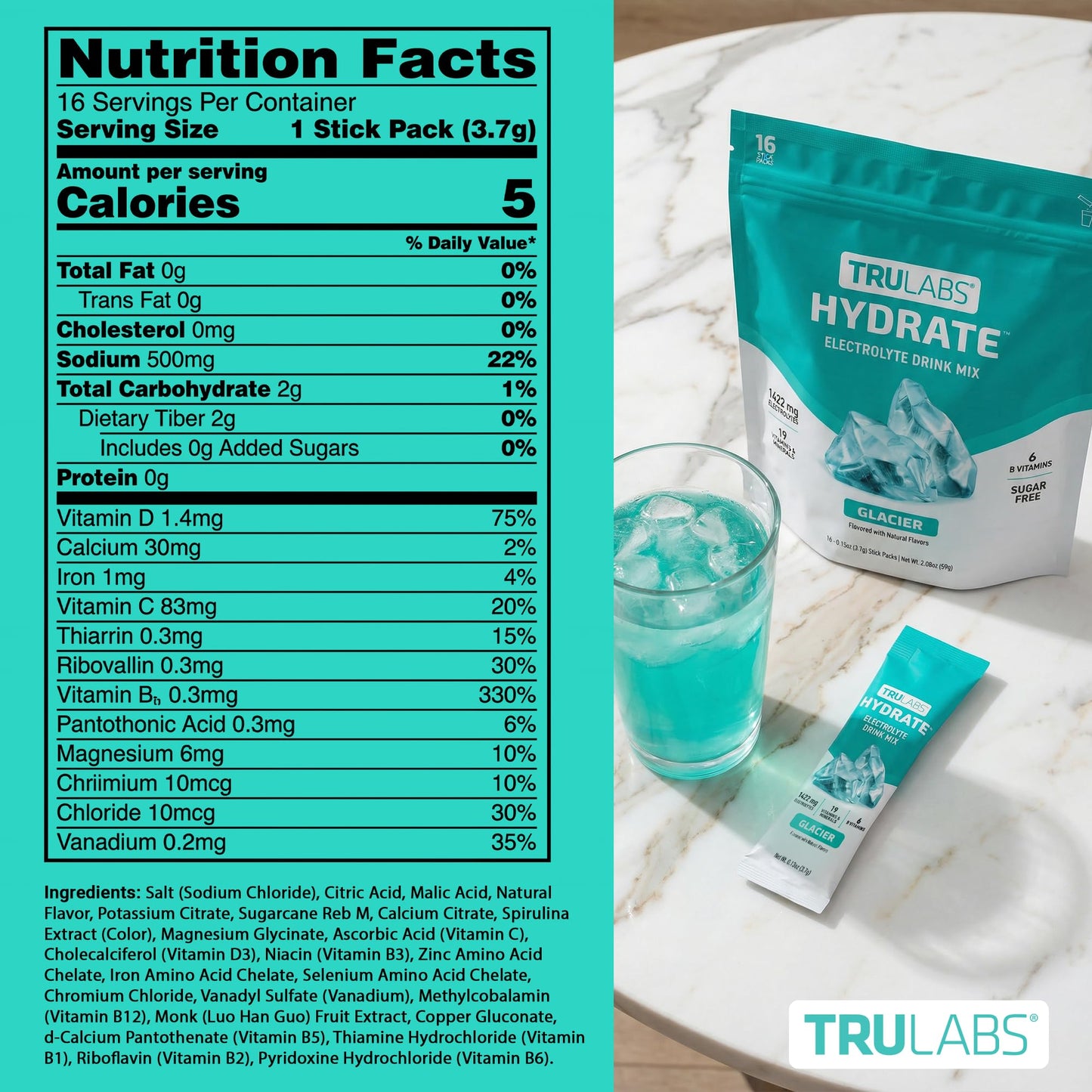 TRULABS Hydrate Electrolyte Drink Mix – Glacier Flavor, Sugar-Free Hydration Packets with 1422 mg Electrolytes & 19 Vitamins & Minerals, Monk Fruit Sweetened, On-the-Go Sticks (16 Count) - Maple Wellness Supplements